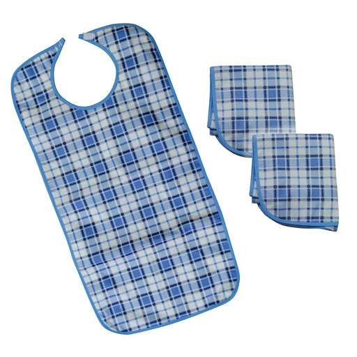 3 Pk Adult Dining Bibs - Machine Washable for Re use - Waterproof Backing Loops