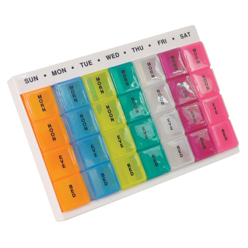 Colourful Week Day Multi Pill Dispenser - 7 x 4 Compartments - Flip Top Lids Loops