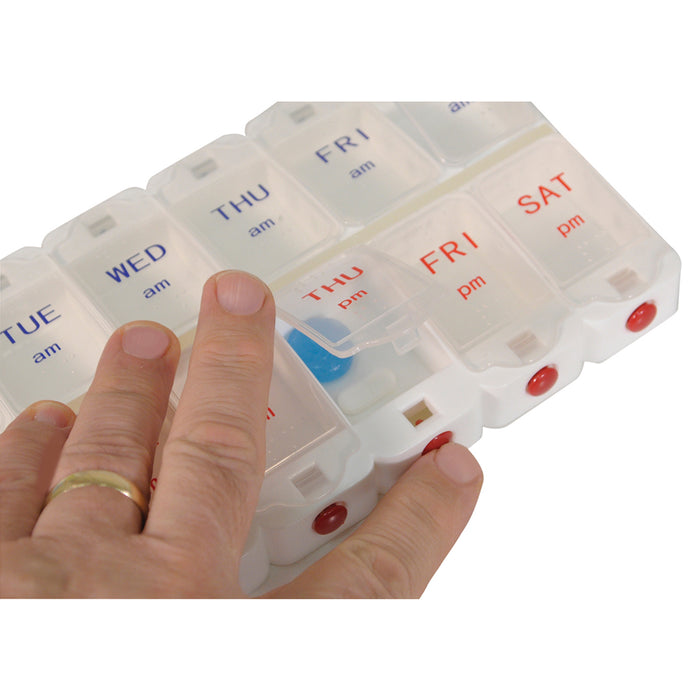 AM/PM Weekday Pill Dispenser with Push Button Release - 7 Compartments - Braille Loops