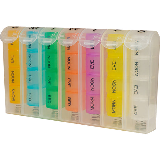 Pop up 7 Day Pill Storage Box - 7 x 4 Compartment Tablet Dispenser - Flip Lids Loops