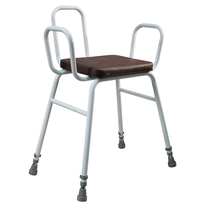 Brown Perching Stool with Arms and Backrest - 760 915mm Height - Easy Clean Seat Loops