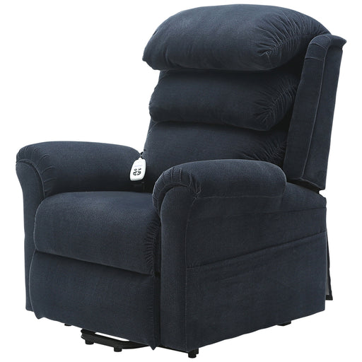 Dual Motor Rise and Recline Armchair - Waterfall Pillow - Blue Chenille Fabric Loops