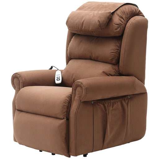 Dual Motor Rise and Recline Armchair - Waterfall Pillow - Brown Suedette Fabric Loops