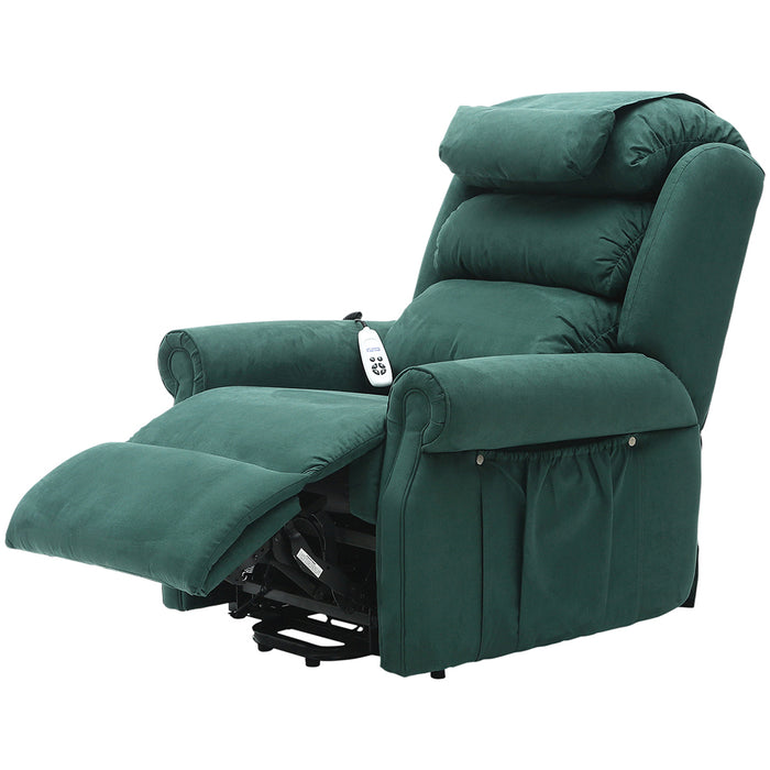 Dual Motor Rise and Recline Armchair - Waterfall Pillow - Green Suedette Fabric Loops
