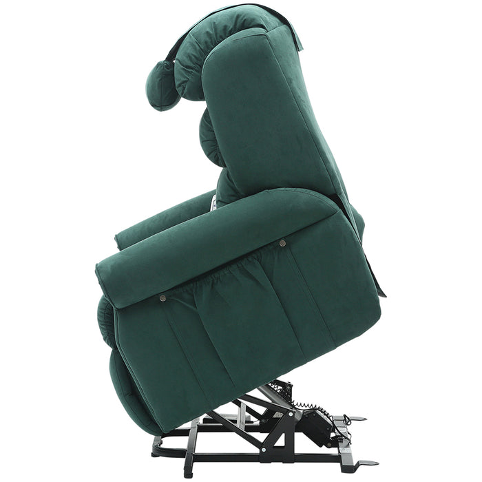 Dual Motor Rise and Recline Armchair - Waterfall Pillow - Green Suedette Fabric Loops