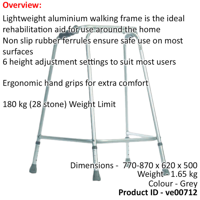 Lightweight Aluminium Walking Frame - 770 to 870mm Adjustable Height - Medium Loops
