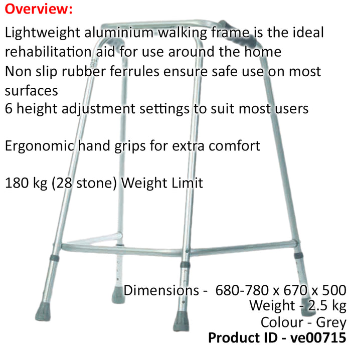 Lightweight Aluminium Walking Frame - 680 to 780mm Adjustable Height Extra Large Loops