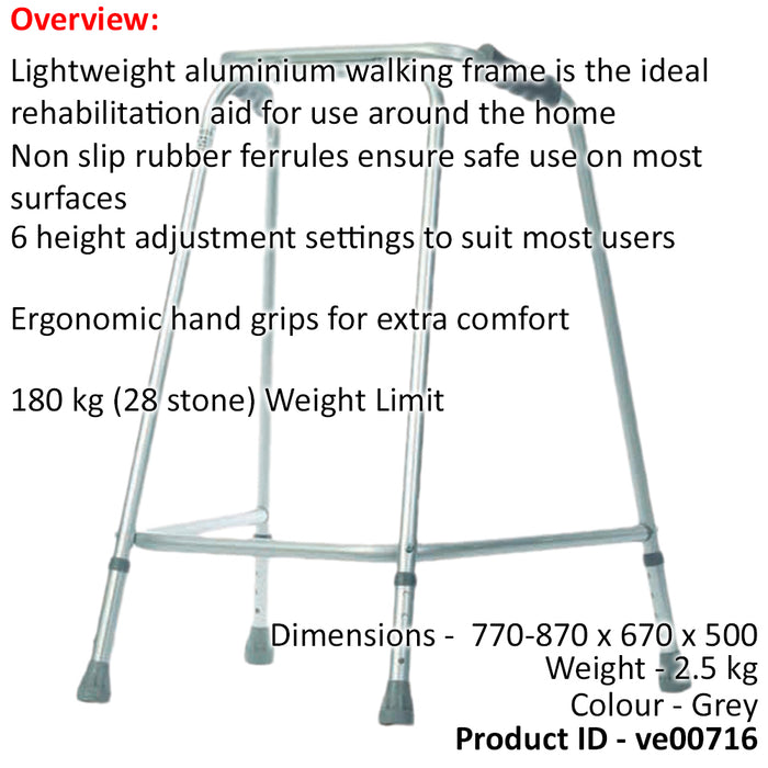 Lightweight Aluminium Walking Frame - 770 to 870mm Adjustable Height Extra Large Loops