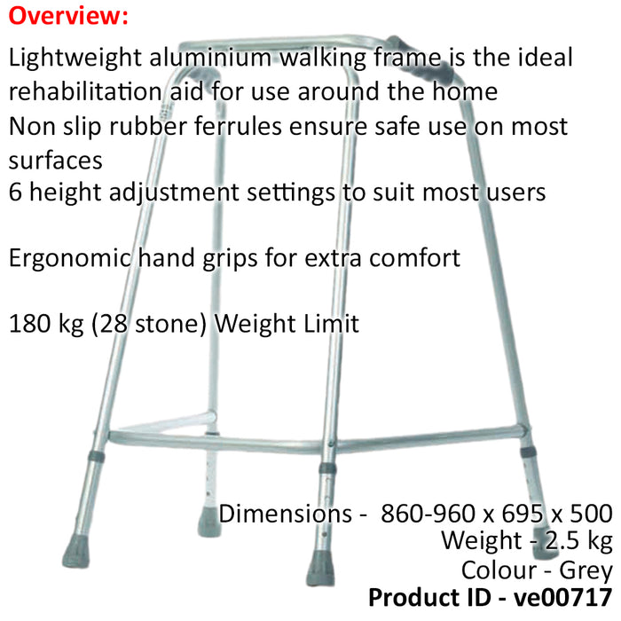 Lightweight Aluminium Walking Frame - 860 to 960mm Adjustable Height Extra Large Loops