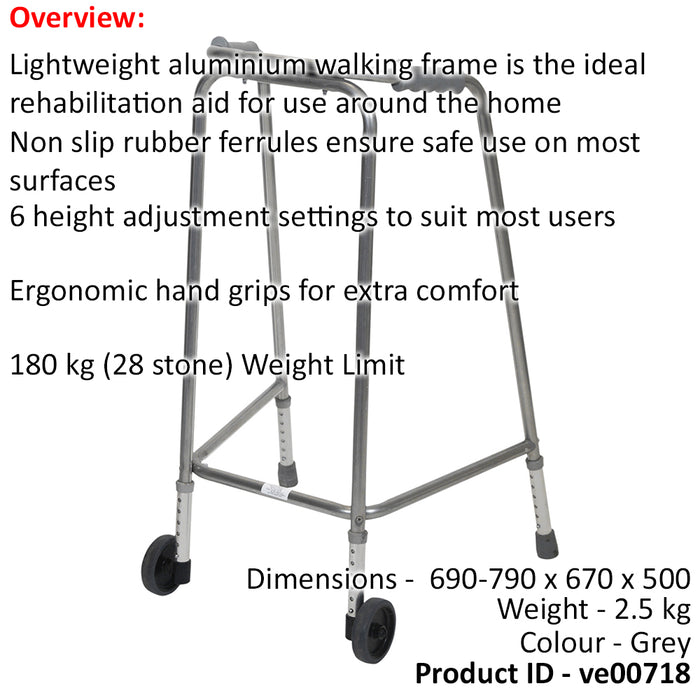 Lightweight Aluminium Walking Frame with Wheels - 690 to 790 Height Extra Large Loops