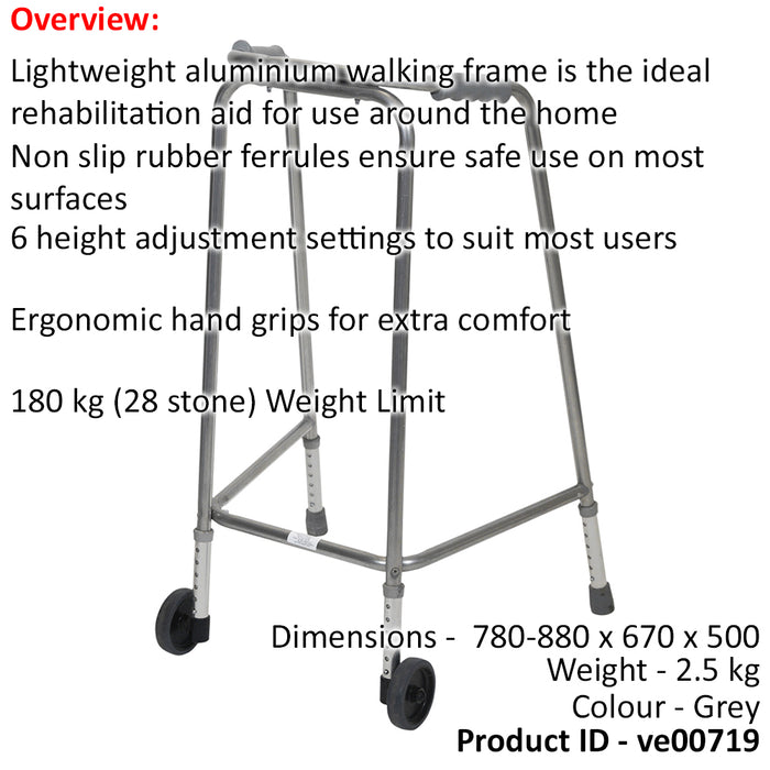 Lightweight Aluminium Walking Frame with Wheels - 780 to 880 Height Extra Large Loops