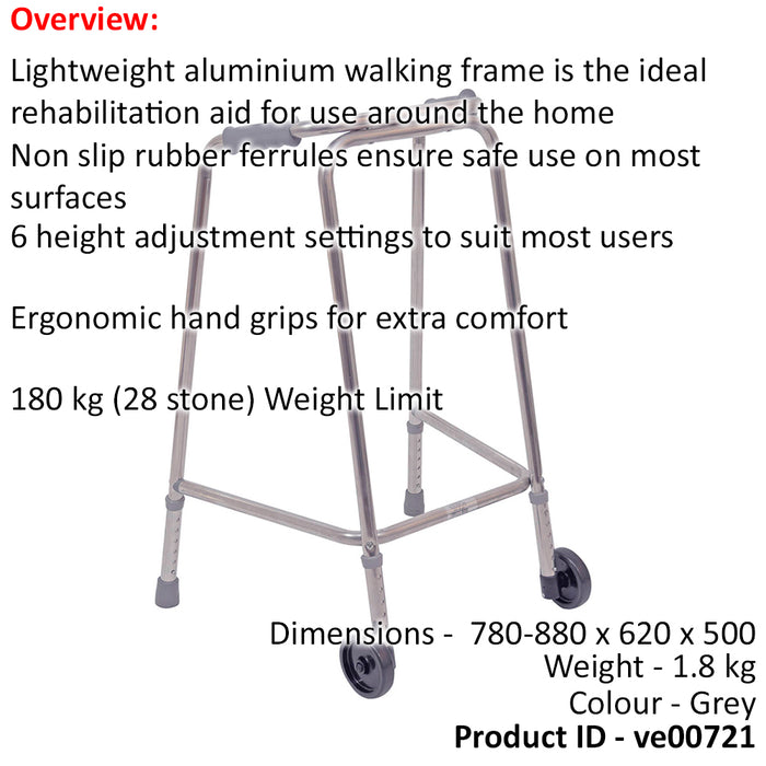 Lightweight Aluminium Walking Frame with Wheels - 780 to 880 Height - Medium Loops