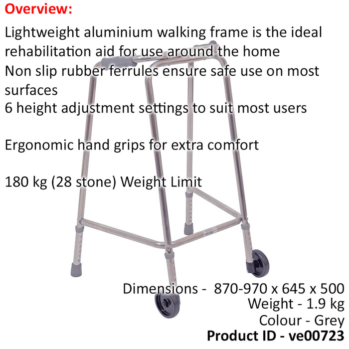 Lightweight Aluminium Walking Frame with Wheels - 870 to 970 Height - Large Loops