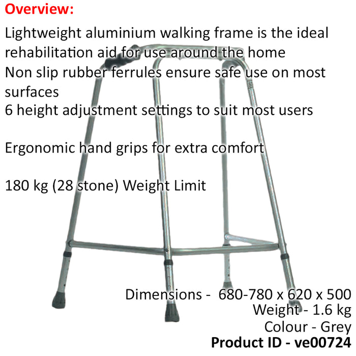 Lightweight Aluminium Walking Frame - 680 to 780mm Adjustable Height - Small Loops