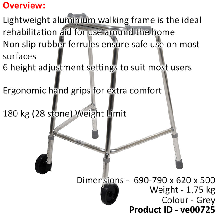 Lightweight Aluminium Wheeled Walking Frame 690 to 790mm Adjustable Height Small Loops