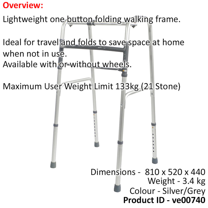 Folding Walking Frame - Lightweight Aluminium - 810 to 1000mm Adjustable Height Loops