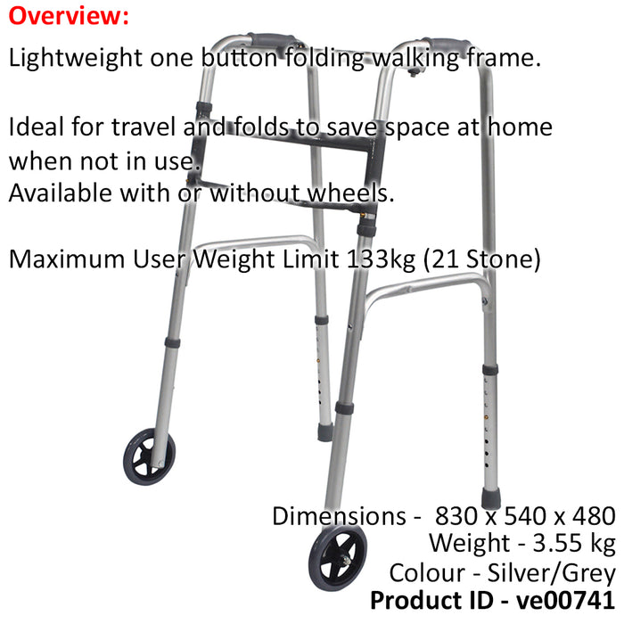 Folding Walking Frame with Wheels - Lightweight Aluminium - Adjustable Height Loops