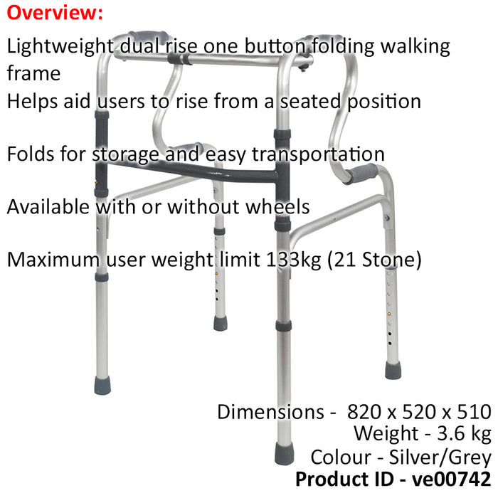 Dual Rise Lightweight Aluminium Folding Walking Frame - Height Adjustable Legs Loops