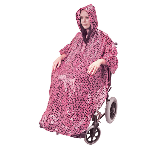 Pink Polka Dot Polyester Wheelchair Poncho - Waterproof Fabric Machine Washable Loops