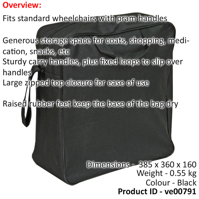 Standard Wheelchair Bag - Sturdy Carry Handles - Raised Rubber Feet - Zipped Top Loops