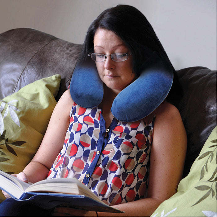 Memory Foam Neck Cushion - Blue Velour Removable Cover - Reduces Neck Tension Loops