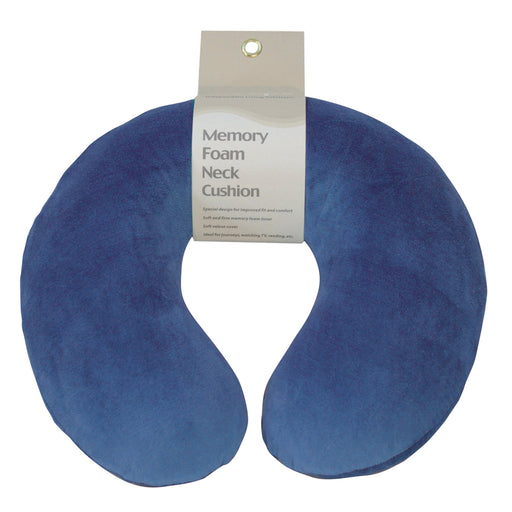 Memory Foam Neck Cushion - Blue Velour Removable Cover - Reduces Neck Tension Loops