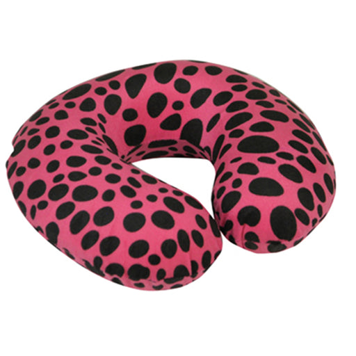 Memory Foam Neck Travel Cushion - Soft Velour Cover - Pink Leopard Print Design Loops