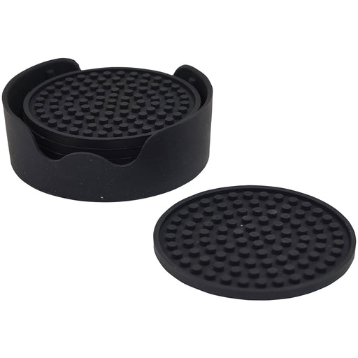 Black Anti Slip Silicone Table Coaster Set -  Six Cup Coasters and Holder Loops