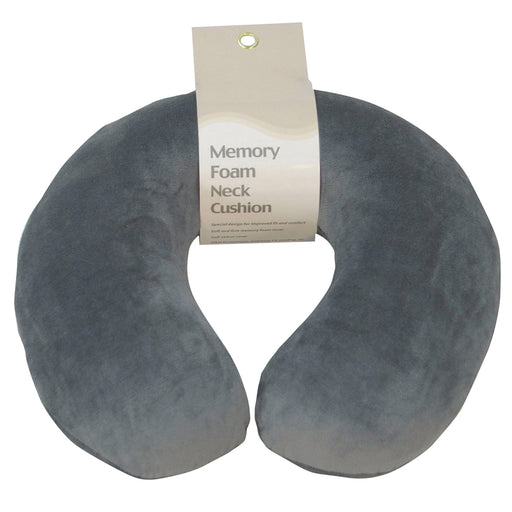 Memory Foam Neck Travel Cushion - Soft Velour Removeable Cover - Grey Fabric Loops