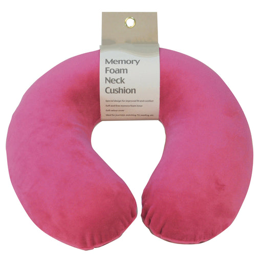 Memory Foam Neck Travel Cushion - Soft Velour Removeable Cover - Hot Pink Fabric Loops