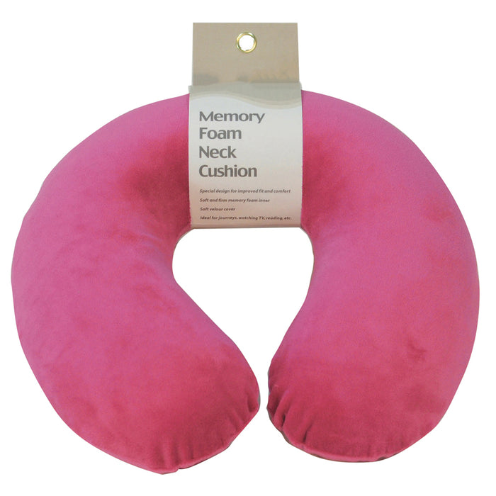 Memory Foam Neck Travel Cushion - Soft Velour Removeable Cover - Hot Pink Fabric Loops