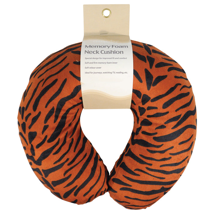 Memory Foam Neck Travel Cushion - Removeable Velour Cover - Brown Tiger Print Loops