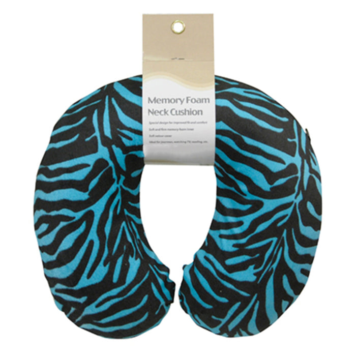 Memory Foam Neck Travel Cushion - Removeable Velour Cover - Blue Tiger Print Loops