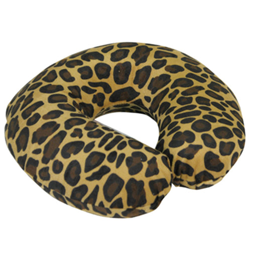 Memory Foam Neck Travel Cushion - Removeable Velour Cover - Tan Leopard Print Loops