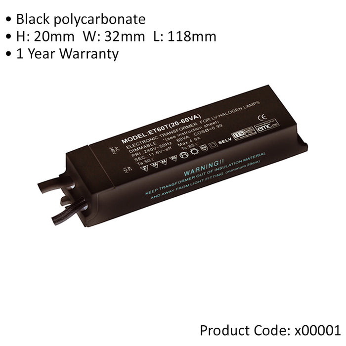 12V Electronic Transformer - 20W to 60W Dimmable Power Supply - Thermal Cut-Out