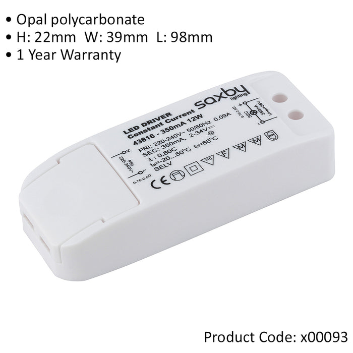 12W LED Driver - 350mA Constant Current - Fixed Output Power Supply Transformer