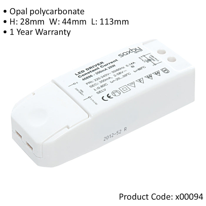 20W LED Driver - 350mA Constant Current - Fixed Output Power Supply Transformer