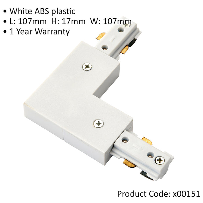 Commercial Track Light L Corner Connector - 107mm x 107mm - White ABS Rail System - LoopsDirect