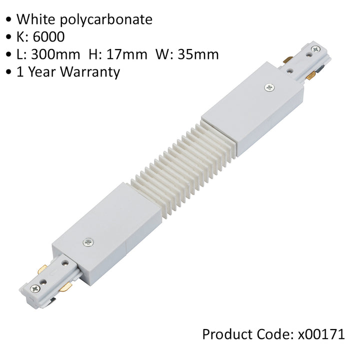 Commercial Track Light Flexible Connector - 300mm Length - White Pc Rail System - LoopsDirect