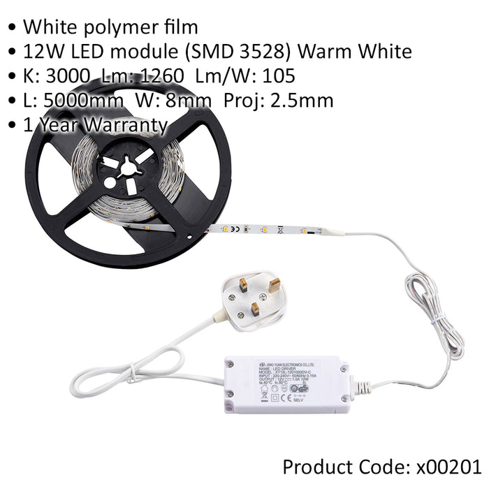 5m Warm White LED Tape Kit - 12W LED Driver - Flexible Under Cabinet Lighting
