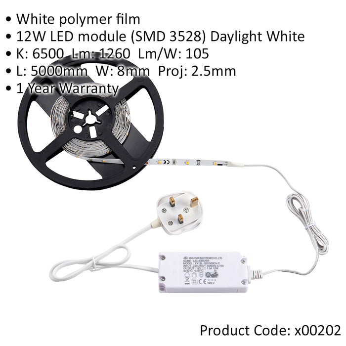 5m Daylight White LED Tape Kit - 12W LED Driver - Flexible Cabinet Lighting