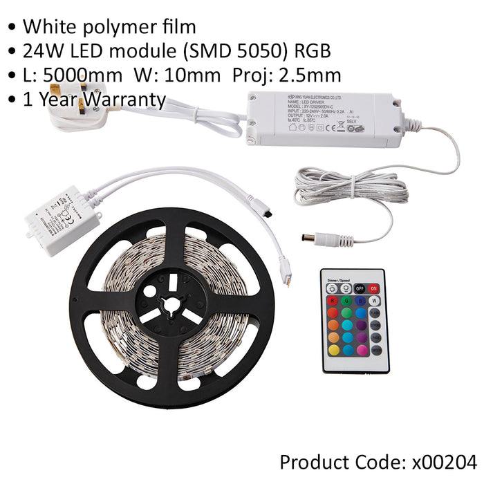 5m RGB Tape Light Kit - 24W LED Driver - Remote Control - Flexible Lighting
