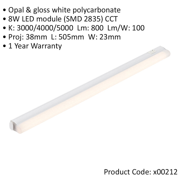 500mm Under Cabinet LED Light - 8W SMD 2835 CCT LED Module - Opal & Gloss White