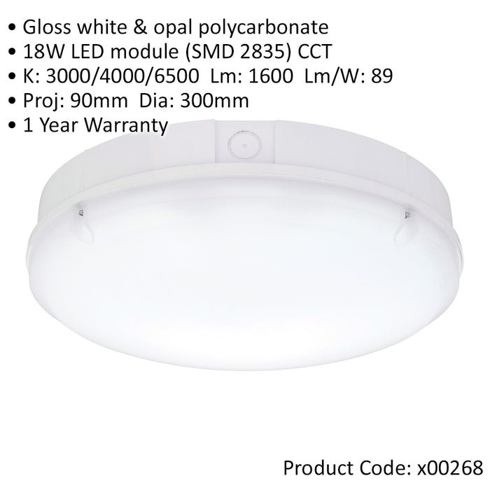 Gloss White IP65 Bulkhead Light - 18W CCT SMD LED Module - 300mm Diameter