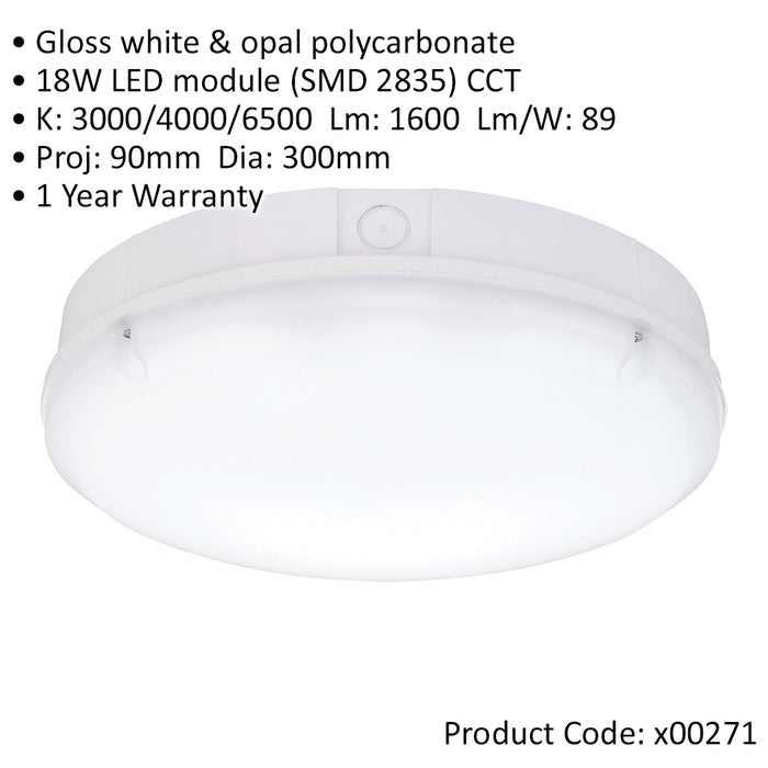 Gloss White IP65 Bulkhead Light - 18W CCT SMD LED Module - Step Dimming Fitting