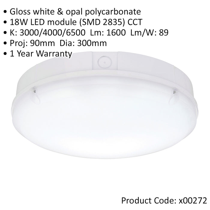 Gloss White IP65 Bulkhead Light - 18W CCT SMD LED Module - Emergency Lighting