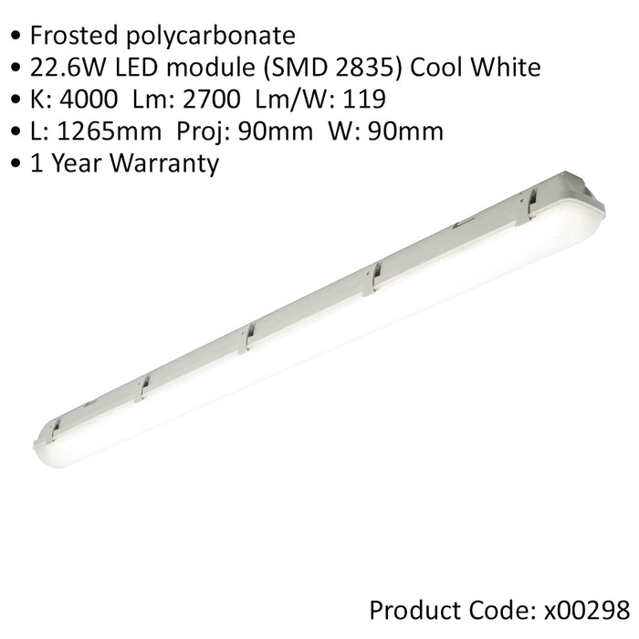 4ft IP65 Indoor/Outdoor Batten Light - 22.6W Cool White LED - Frosted & Grey Pc