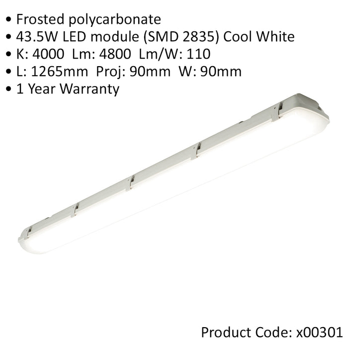 4ft High Lumen IP65 Batten Light Fitting - 43.5W Cool White LED - Frosted Pc