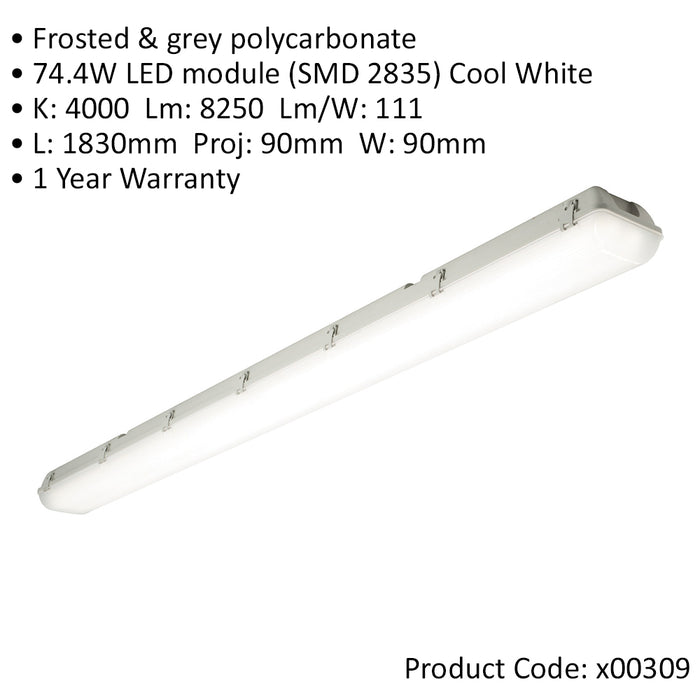 6ft High Lumen Emergency IP65 Batten Light - 74.4W Cool White LED - Frosted Pc