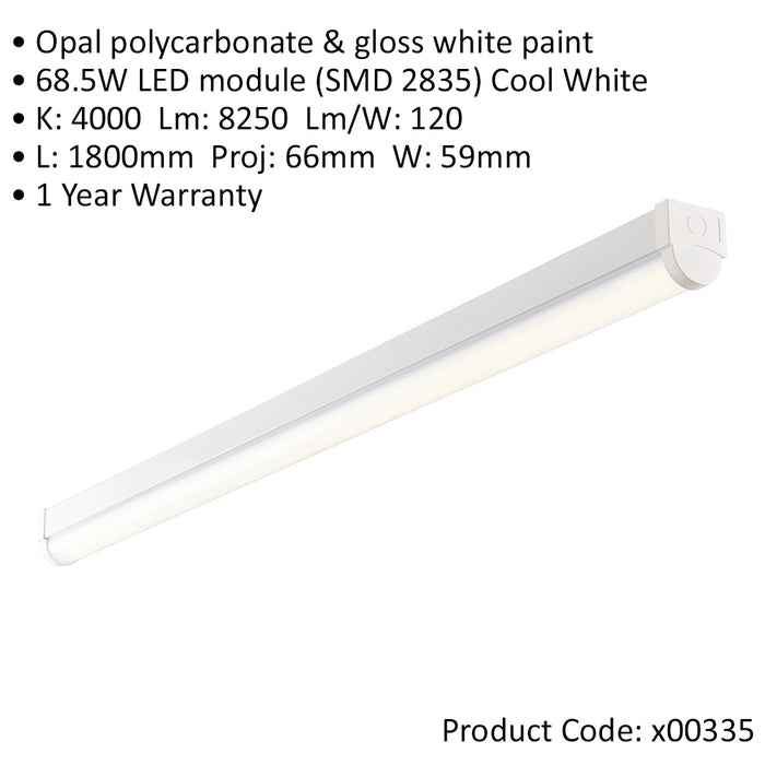 6ft High Lumen Batten Light Fitting - 68.5W Cool White LED - Gloss White & Opal